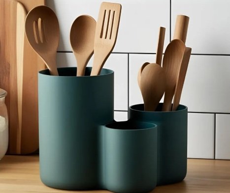 Suporte moderno para utensílios de cozinha com três recipientes